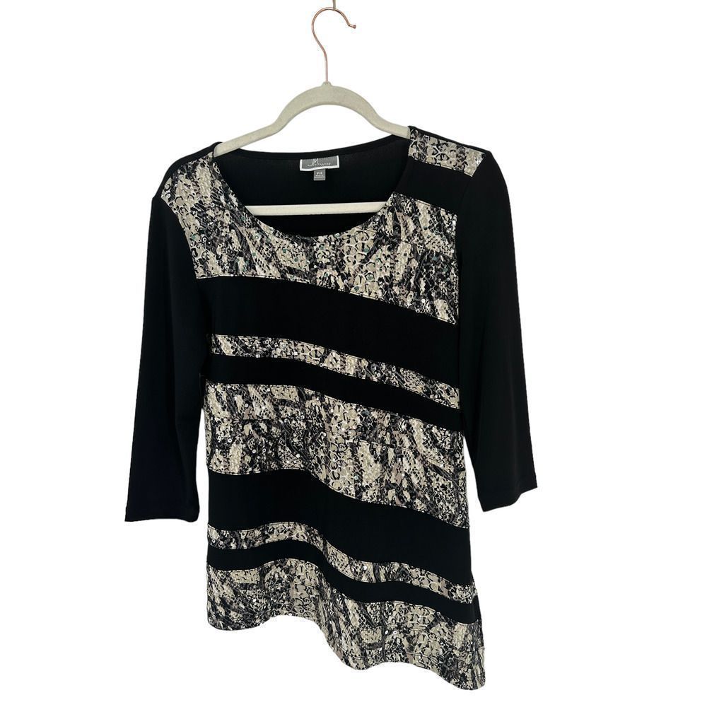 JM Collection Petite Black/Silver Splice‎ Embellished Asymmetrical Top Small